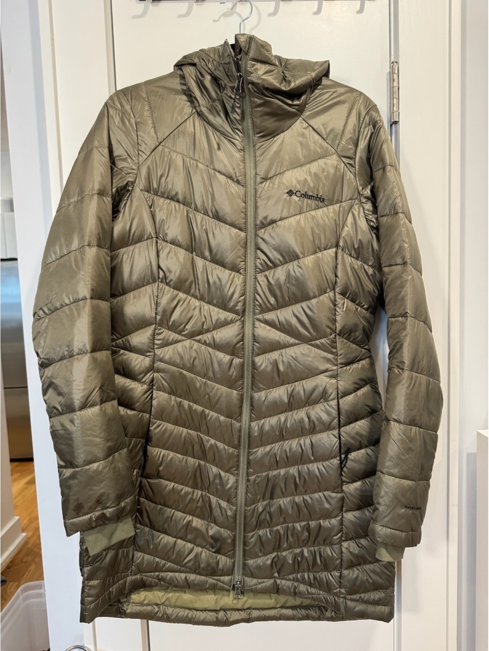 Columbia Women's Quilted Puffer Jacket with Hood, Size S, Olive Green